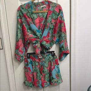 Colorful Abstract Print Two-Piece Set - Bright Coral, Teal, Green